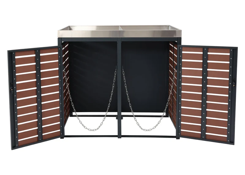 Abris poubelles verrouillable avec bac à plantes 124 x 146 x 102 cm wpc métal aspect bois de noyer 04_0007028