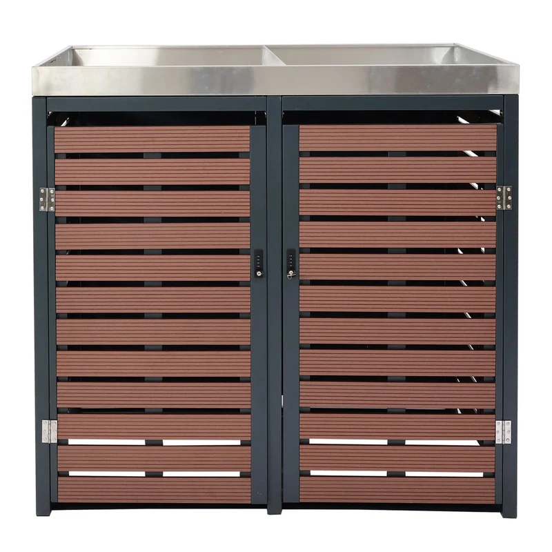 Abris poubelles verrouillable avec bac à plantes 124 x 146 x 102 cm wpc métal aspect bois de noyer 04_0007028