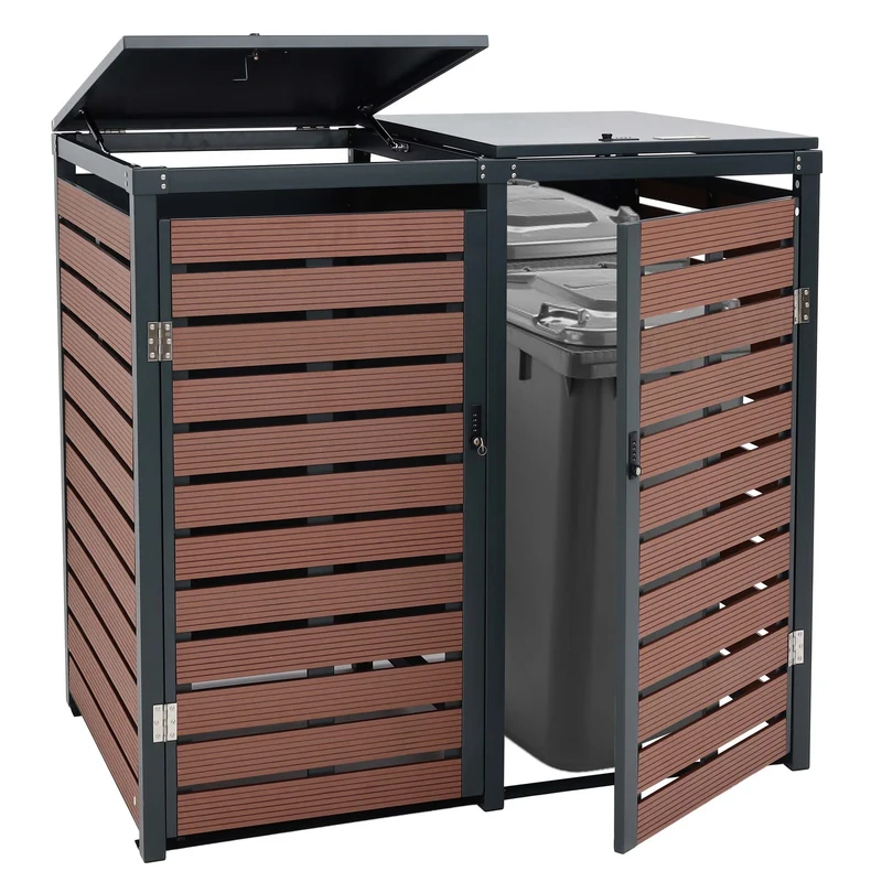 Abris pour poubelles verrouillable avec deux compartiments 119 x 140 x 102 cm wpc métal aspect bois de noyer 04_0007015