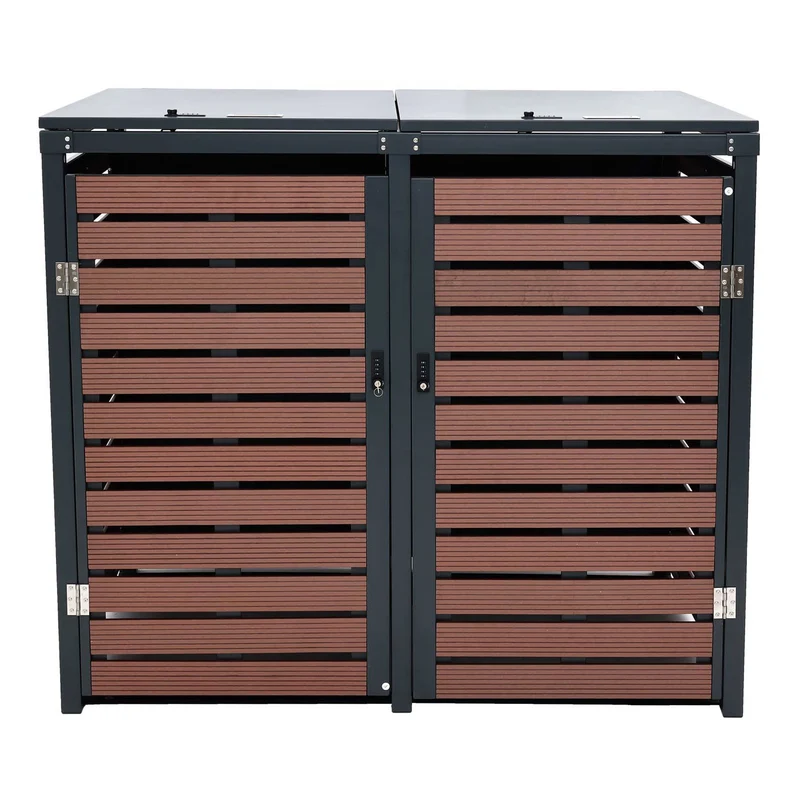 Abris pour poubelles verrouillable avec deux compartiments 119 x 140 x 102 cm wpc métal aspect bois de noyer 04_0007015