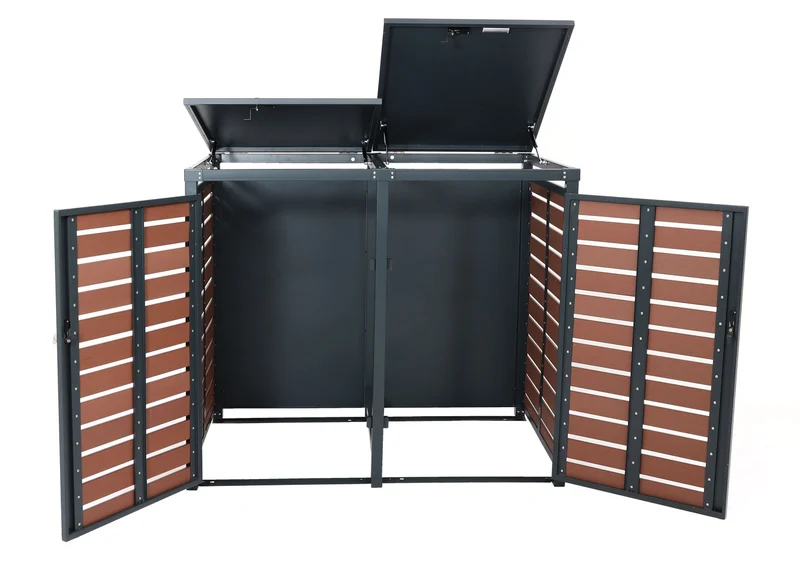 Abris pour poubelles verrouillable avec deux compartiments 119 x 140 x 102 cm wpc métal aspect bois de noyer 04_0007015