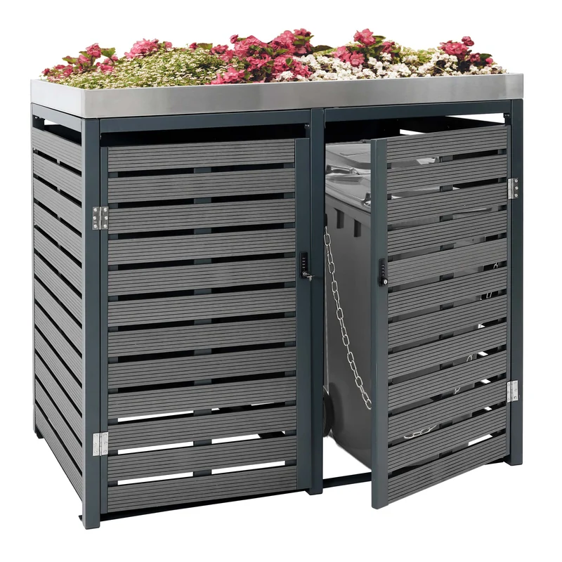 Abris poubelles verrouillable avec bac à plantes 124 x 146 x 102 cm wpc métal anthracite 04_0007013