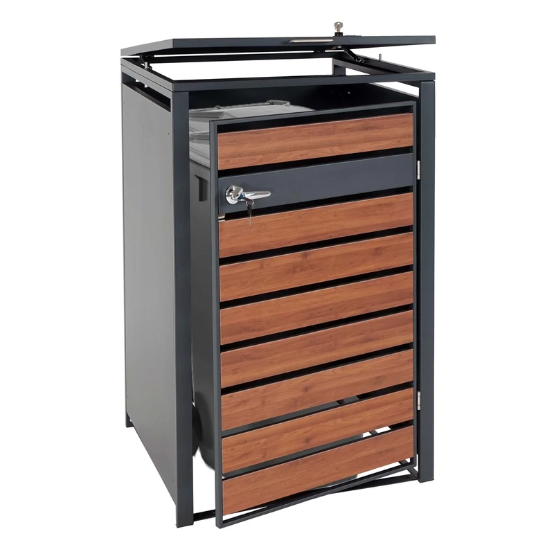Abris poubelle vérouillable pour une poubelle ou deux poubelles métal anthracite aspect bois de cerisier marron foncé 04_0007003