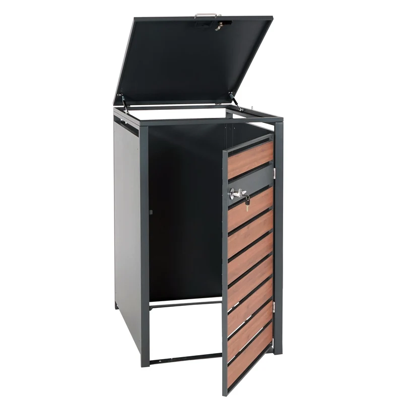 Abris poubelle vérouillable pour une poubelle ou deux poubelles métal anthracite aspect bois de cerisier marron foncé 04_0007003