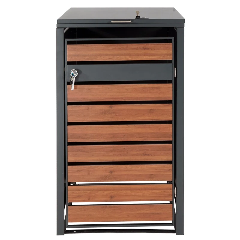 Abris poubelle vérouillable pour une poubelle ou deux poubelles métal anthracite aspect bois de cerisier marron foncé 04_0007003