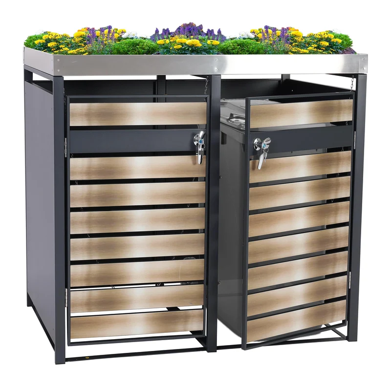 Abris poubelles deux compartiments avec bac à plantes 125 x 132 x 80 cm métal anthracite or 04_0006988