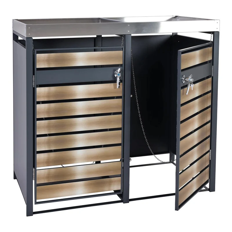 Abris poubelles deux compartiments avec bac à plantes 125 x 132 x 80 cm métal anthracite or 04_0006988