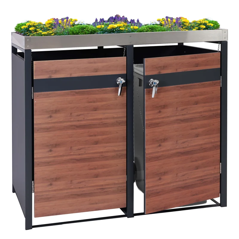 Abris poubelles deux compartiments vérouillable avec bac à plantes en métal anthracite aspect bois de cerisier marron foncé 04_0006993