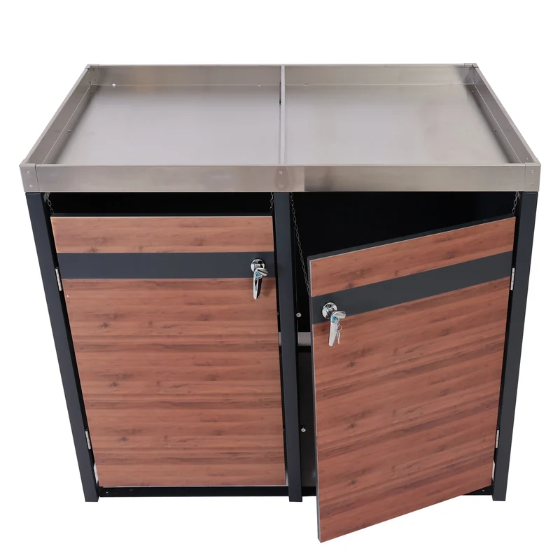 Abris poubelles deux compartiments vérouillable avec bac à plantes en métal anthracite aspect bois de cerisier marron foncé 04_0006993