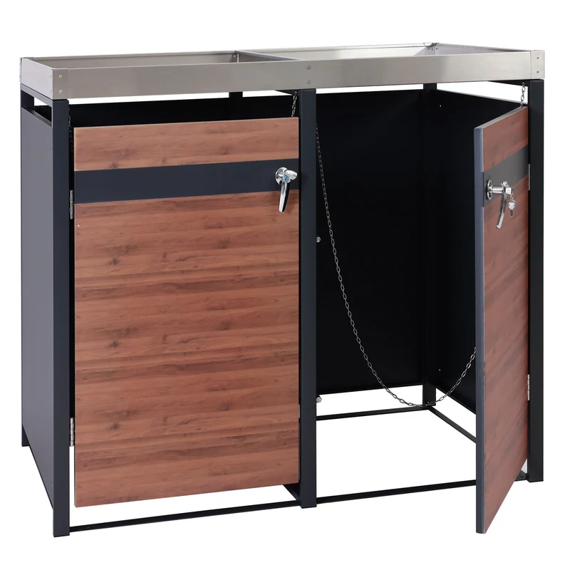 Abris poubelles deux compartiments vérouillable avec bac à plantes en métal anthracite aspect bois de cerisier marron foncé 04_0006993