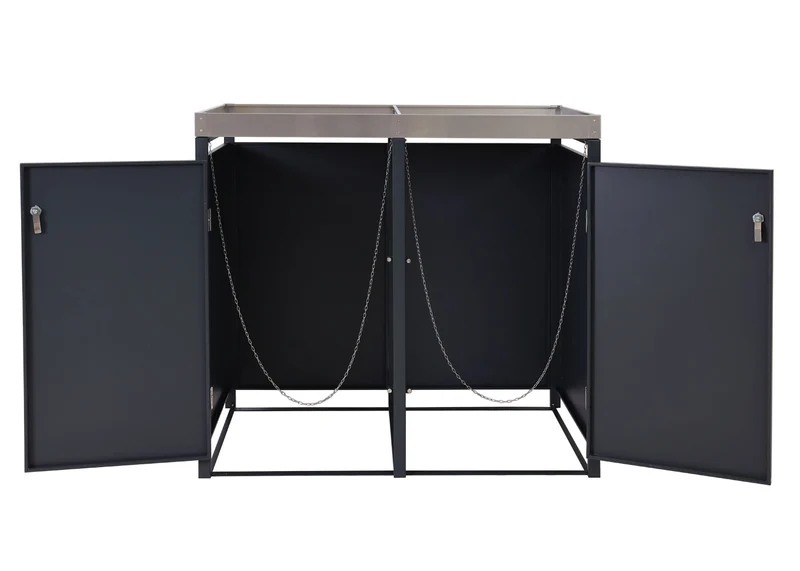 Abris poubelles deux compartiments vérouillable avec bac à plantes en métal anthracite aspect bois de cerisier marron foncé 04_0006993