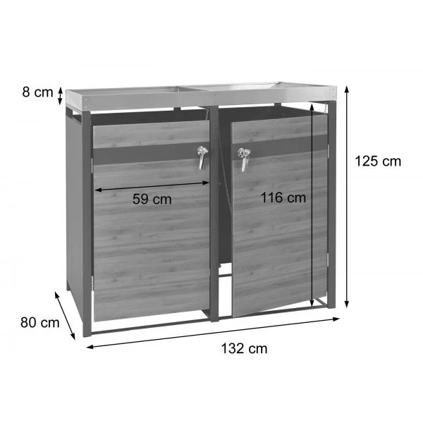 Abris poubelles deux compartiments vérouillable avec bac à plantes en métal anthracite aspect bois de cerisier marron foncé 04_0006993