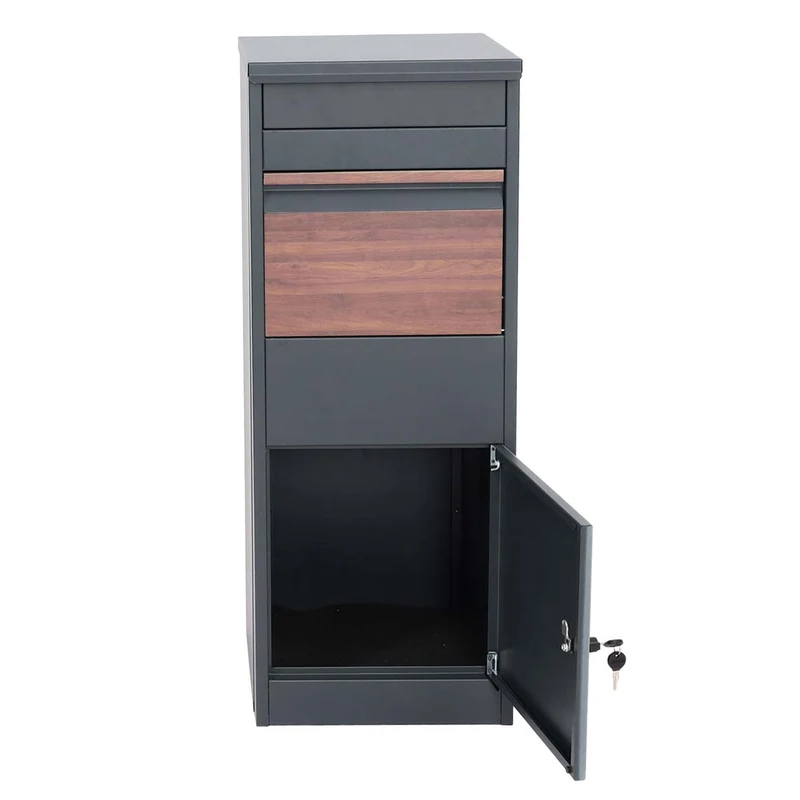 Boîte à colis boîte aux lettres sur pied acier galvanisé anthracite aspect bois foncé 04_0005913
