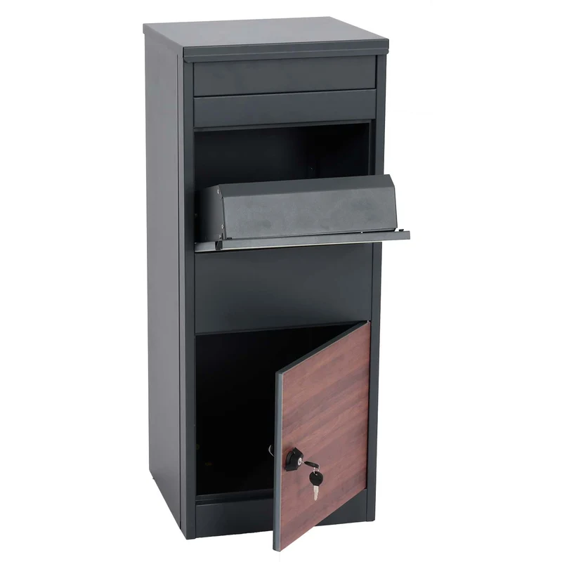 Boîte à colis boîte aux lettres sur pied acier galvanisé anthracite aspect bois foncé 04_0005913
