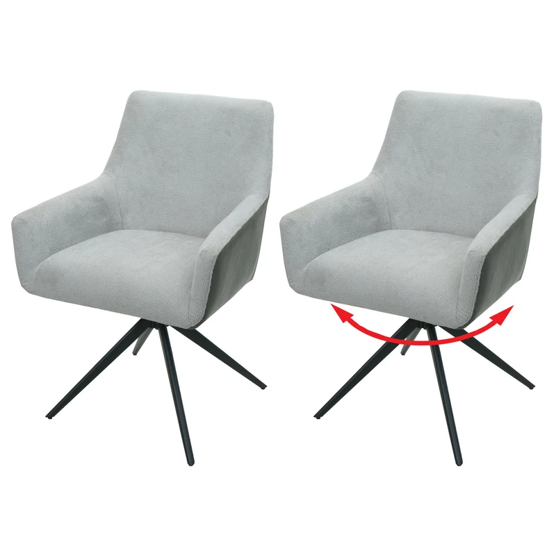 Lot de 2 chaises de salle à manger avec accoudoir siège rotatif en tissu gris clair PVC gris foncé et fer 04_0007378