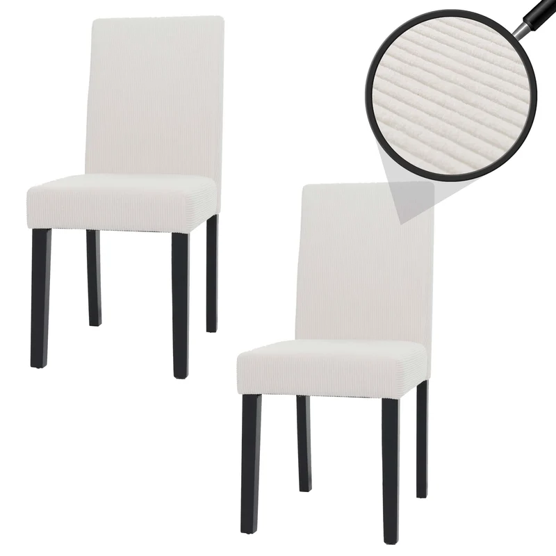 Lot de 2 chaises de salle à manger dossier haut en tissu velours côtelé crème pieds en bois foncés 04_0007326