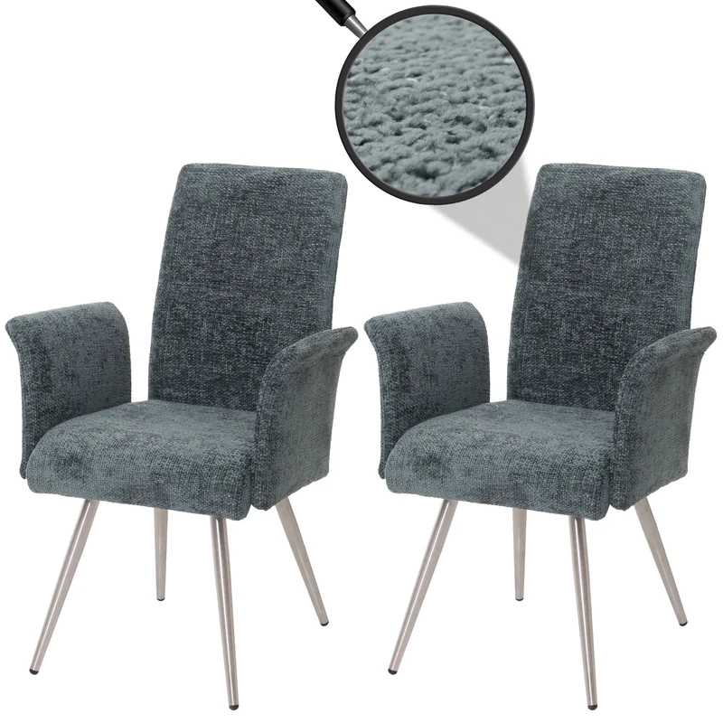 Lot de 2 chaises de salle à manger avec accoudoirs en acier inoxydable brossé et tissu chenille bleu-vert 04_0007309