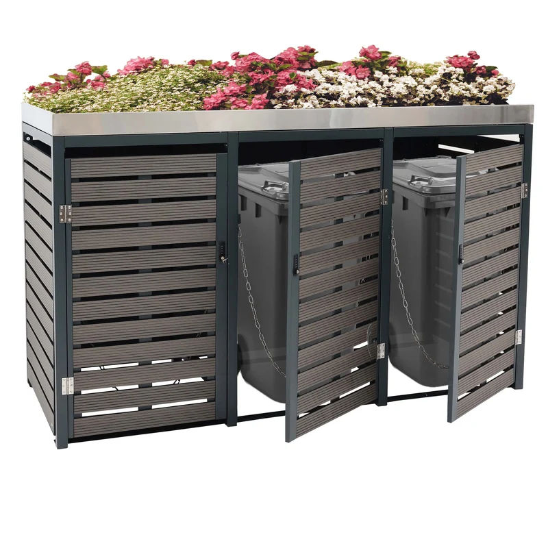 Abris poubelles verrouillable avec bac à plantes jardinière 124x200x84 cm wpc acier inoxydable 107kg anthracite 04_0008236