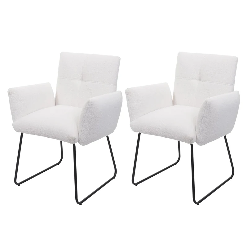 Lot de 2 chaises de salle à manger rembourrée avec accoudoirs en tissu bouclé blanc 04_0007367