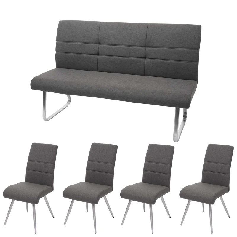 Lot de 4 chaises de salle à manger + banc 180 cm en tissu gris-marron et acier inoxydable 04_0007589