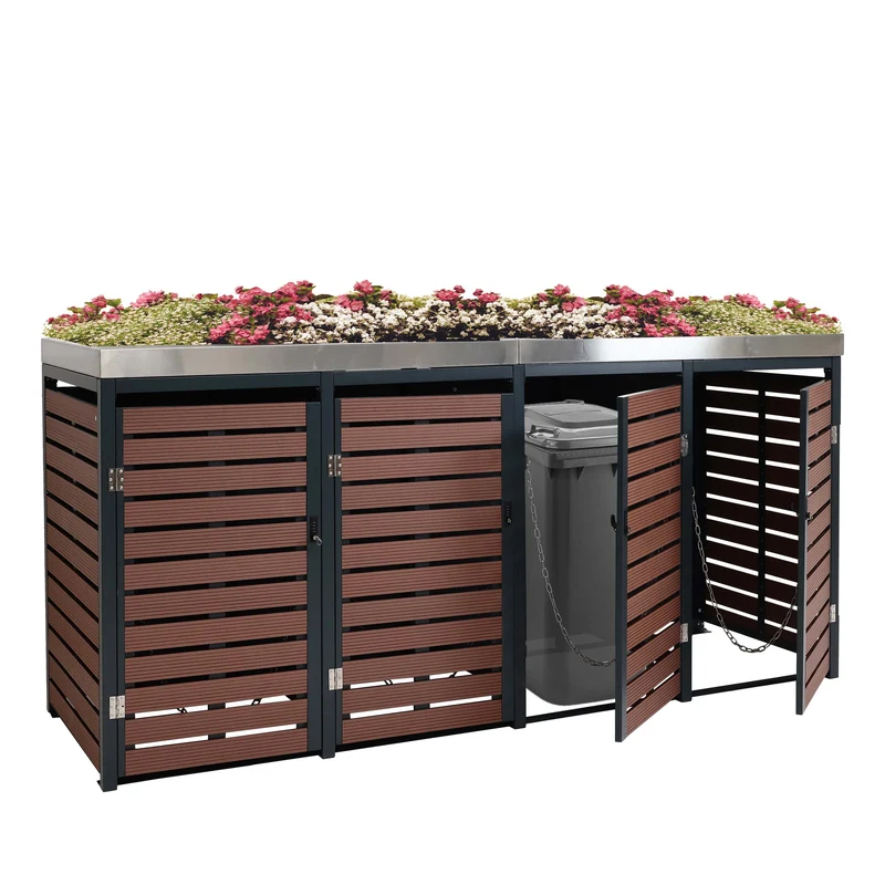 Abris poubelles 4 compartiments avec bac à plantes 124 x 265 x 84 cm wpc acier inoxydable aspect bois de noyer 04_0007562