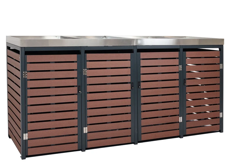 Abris poubelles 4 compartiments avec bac à plantes 124 x 265 x 84 cm wpc acier inoxydable aspect bois de noyer 04_0007562