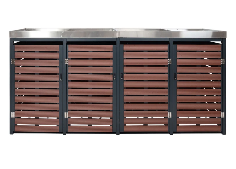 Abris poubelles 4 compartiments avec bac à plantes 124 x 265 x 84 cm wpc acier inoxydable aspect bois de noyer 04_0007562