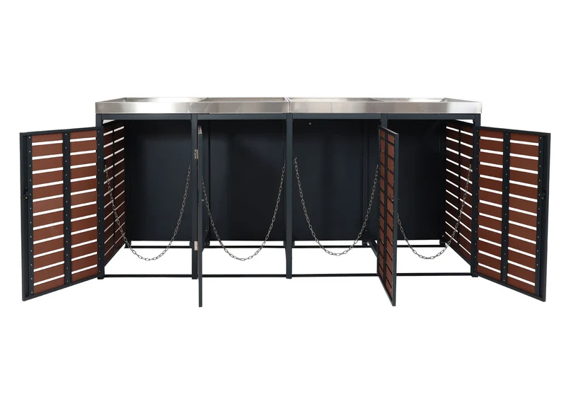 Abris poubelles 4 compartiments avec bac à plantes 124 x 265 x 84 cm wpc acier inoxydable aspect bois de noyer 04_0007562