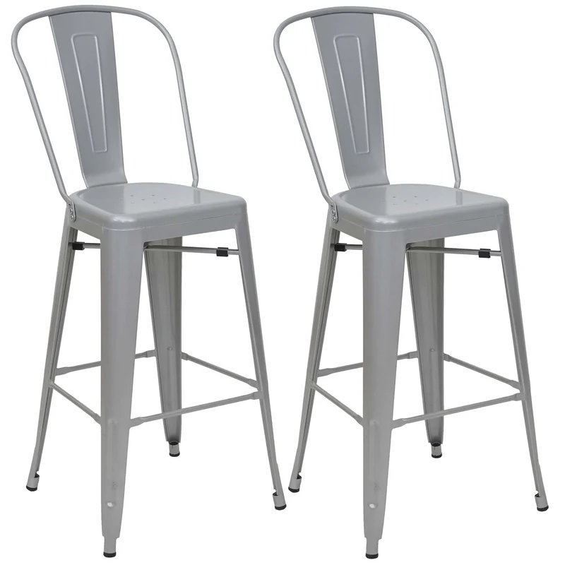 Lot de 2 tabourets de bar avec dossier et repose-pieds en métal gris design industriel 04_0007452