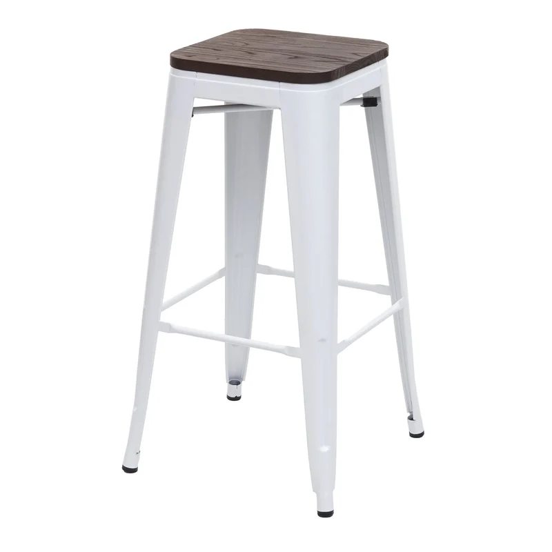 Lot de 2 tabourets de bar assise en bois cadre en métal blanc design industriel empilable 04_0007449