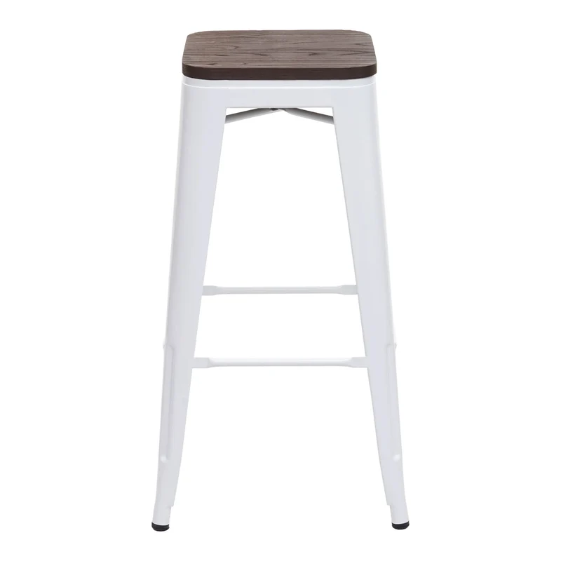 Lot de 2 tabourets de bar assise en bois cadre en métal blanc design industriel empilable 04_0007449