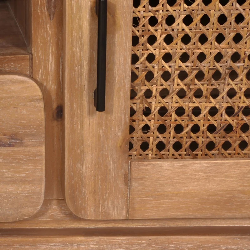 Meuble TV avec tiroir et trois compartiments de rangement en bois d'acacia MDF et rotin couleur teck 160 cm 04_0007867