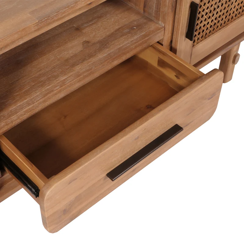 Meuble TV avec tiroir et trois compartiments de rangement en bois d'acacia MDF et rotin couleur teck 160 cm 04_0007867