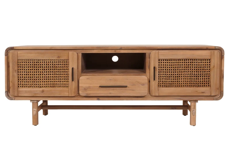 Meuble TV avec tiroir et trois compartiments de rangement en bois d'acacia MDF et rotin couleur teck 160 cm 04_0007867