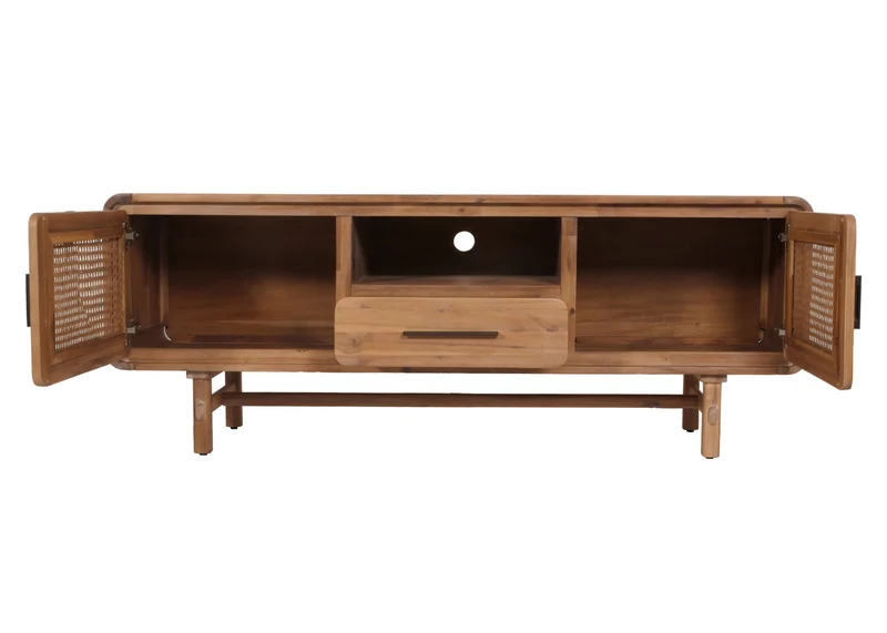 Meuble TV avec tiroir et trois compartiments de rangement en bois d'acacia MDF et rotin couleur teck 160 cm 04_0007867