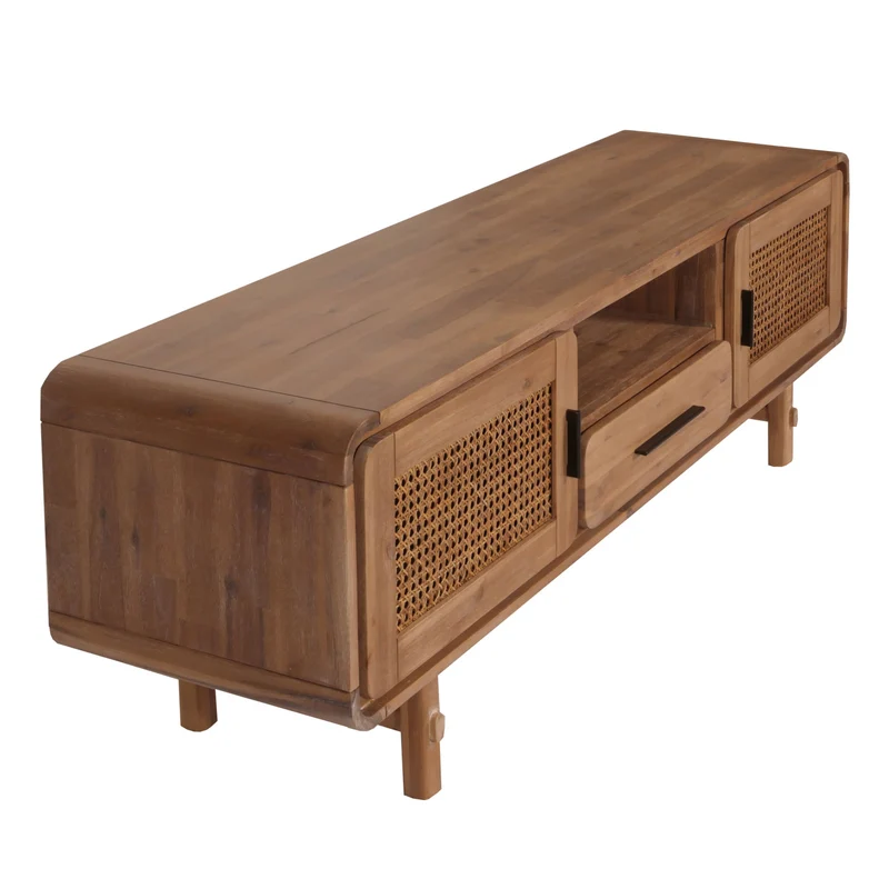 Meuble TV avec tiroir et trois compartiments de rangement en bois d'acacia MDF et rotin couleur teck 160 cm 04_0007867
