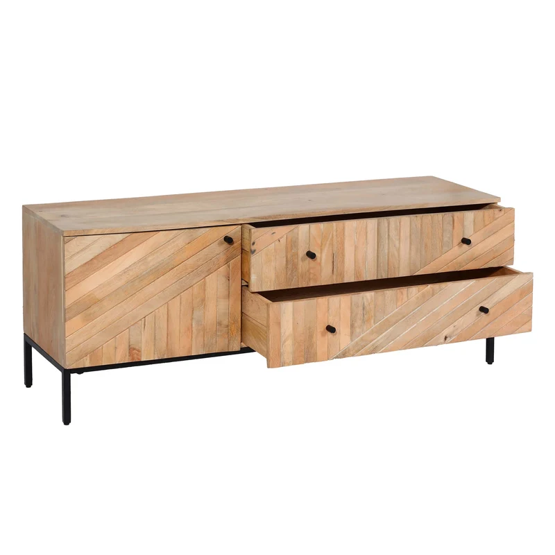 Meuble TV avec grand compartiment de rangement avec porte et deux tiroirs en bois manguier 56x145x43 cm 04_0007862
