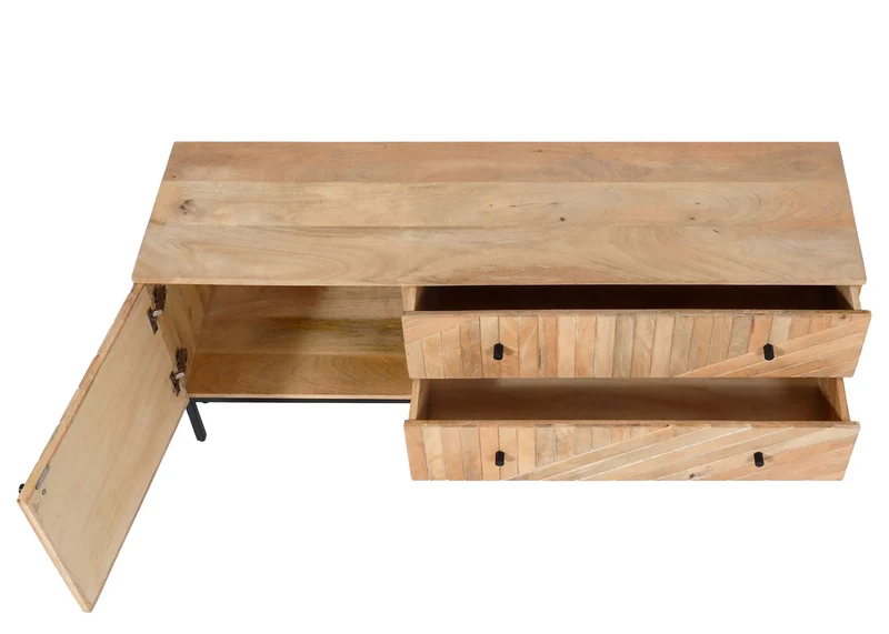 Meuble TV avec grand compartiment de rangement avec porte et deux tiroirs en bois manguier 56x145x43 cm 04_0007862
