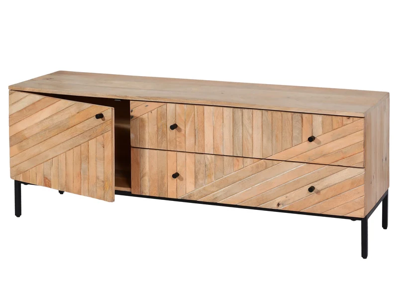 Meuble TV avec grand compartiment de rangement avec porte et deux tiroirs en bois manguier 56x145x43 cm 04_0007862