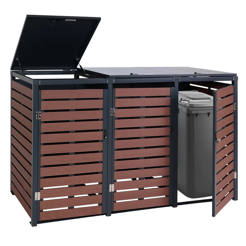 Abris poubelles pour conteneur d'une capacité de 80 à 240 litres 119x205x84 cm wpc métal aspect bois de noyer 04_0008240