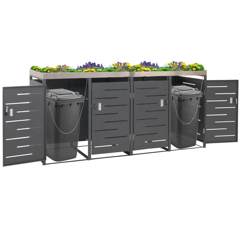 Abris poubelles verrouillable avec bac à plantes jardinière en acier inoxydable-métal anthracite 125x264x84 cm 04_0008243