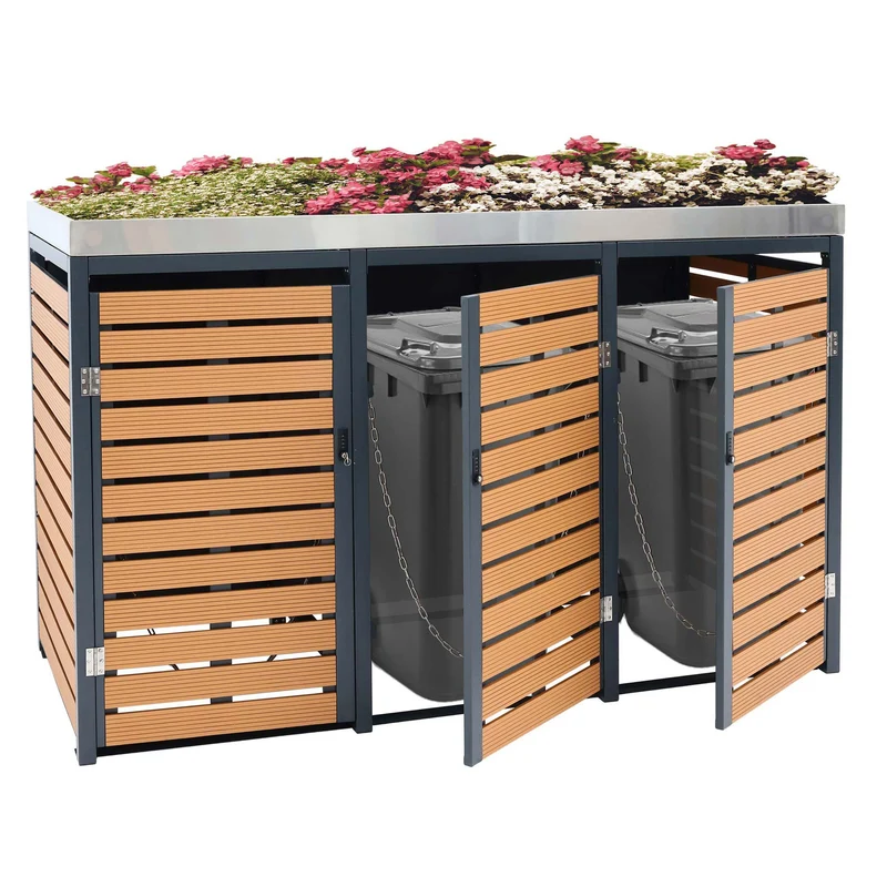Abris poubelles verrouillable avec bac à plantes jardinière 124x200x84 cm wpc acier inoxydable 107kg aspect teck 04_0008238