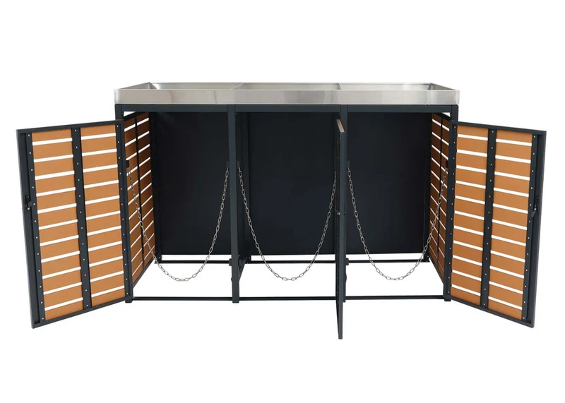 Abris poubelles verrouillable avec bac à plantes jardinière 124x200x84 cm wpc acier inoxydable 107kg aspect teck 04_0008238