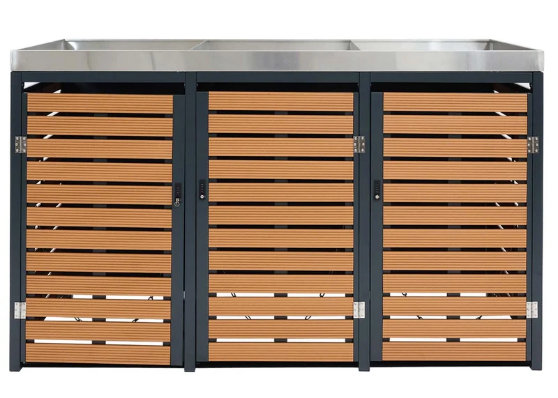 Abris poubelles verrouillable avec bac à plantes jardinière 124x200x84 cm wpc acier inoxydable 107kg aspect teck 04_0008238