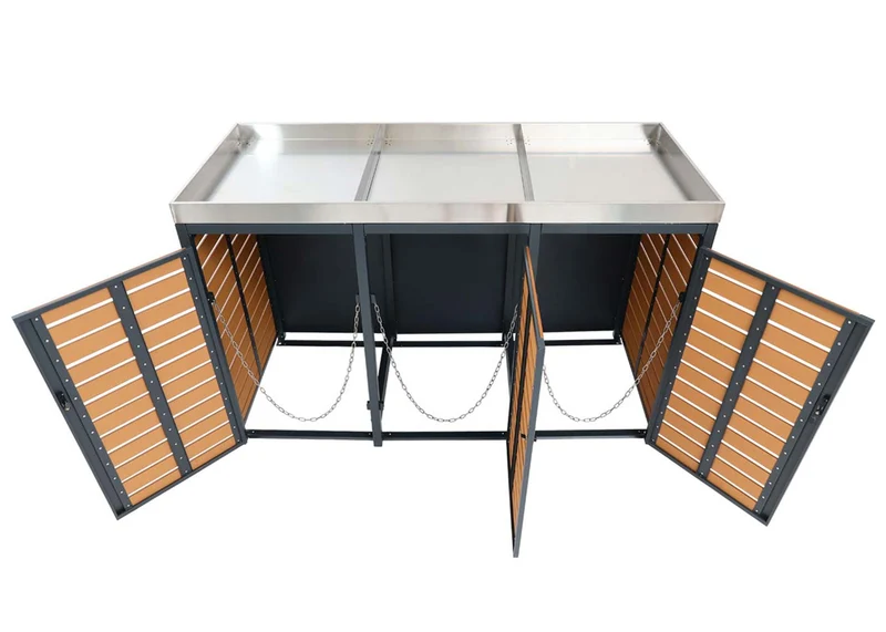 Abris poubelles verrouillable avec bac à plantes jardinière 124x200x84 cm wpc acier inoxydable 107kg aspect teck 04_0008238