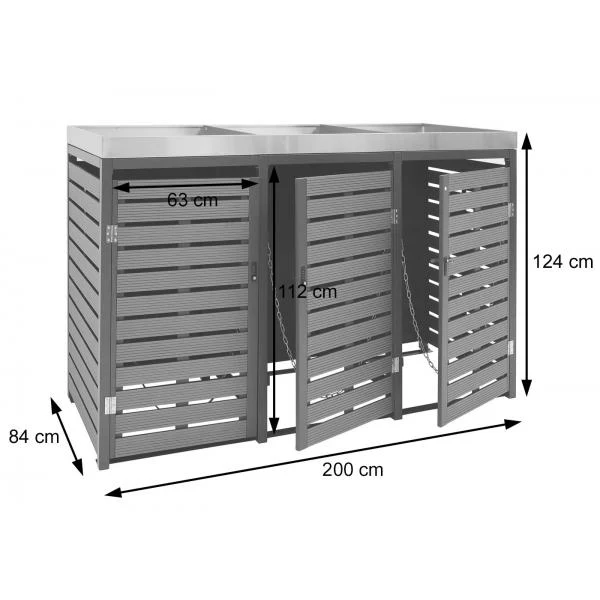Abris poubelles verrouillable avec bac à plantes jardinière 124x200x84 cm wpc acier inoxydable 107kg aspect teck 04_0008238