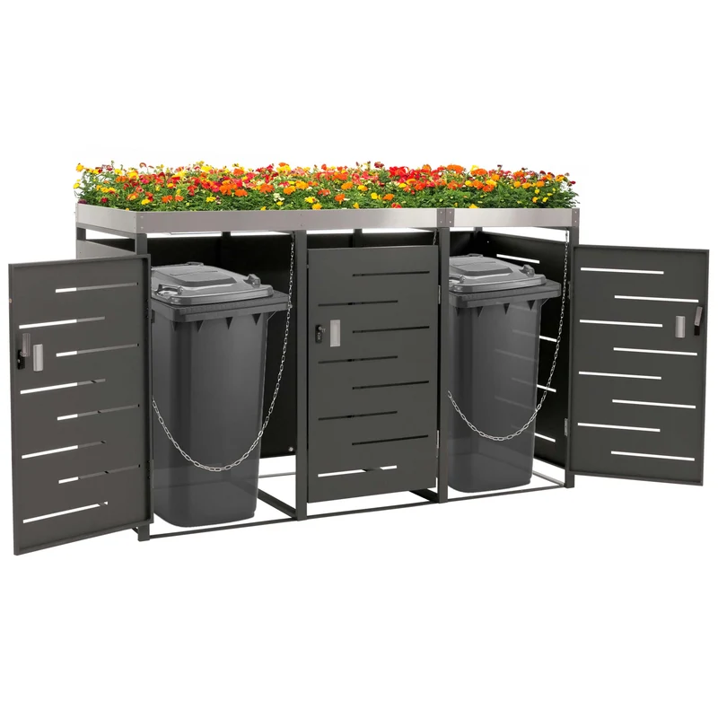 Abris poubelle verrouillable avec bac à plantes capacité de 80 à 240 litres acier inoxydable-métal 125x198x84 cm 04_0008231