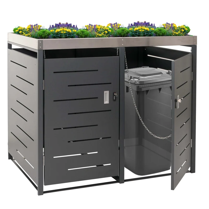 Abris poubelles verrouillable capacité de 80 à 240 litres avec bac à plantes acier inoxydable-métal 125x134x84 cm 04_0008227