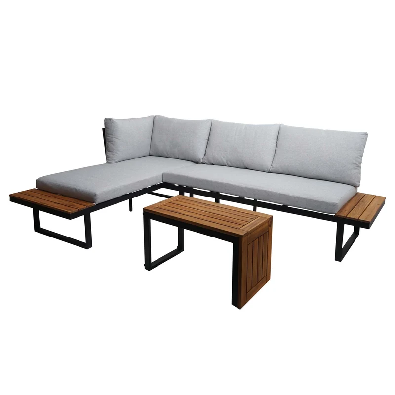 Salon de jardin canapé pour extérieur avec table et étagères latérales structure aluminium bois et coussins gris clair 04_0008315