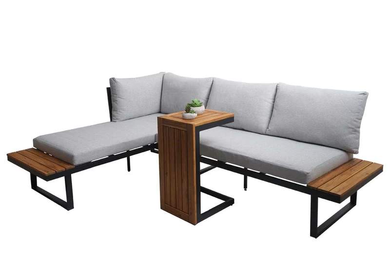 Salon de jardin canapé pour extérieur avec table et étagères latérales structure aluminium bois et coussins gris clair 04_0008315